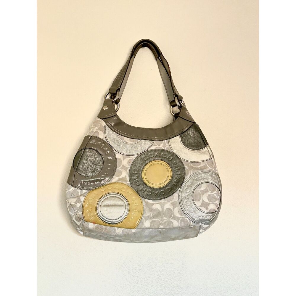 Coach Shoulder Bag Purse Silver/Gray Circles Vintage Leather Fabric
